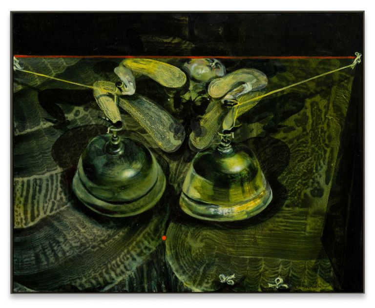 Still life painting showing glass vessels or decanters with green and yellow tones, displayed against a dark background.