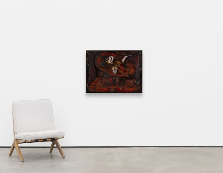 Dark-toned painting featuring figures in what appears to be an interior scene with rich red and brown colors throughout the composition.