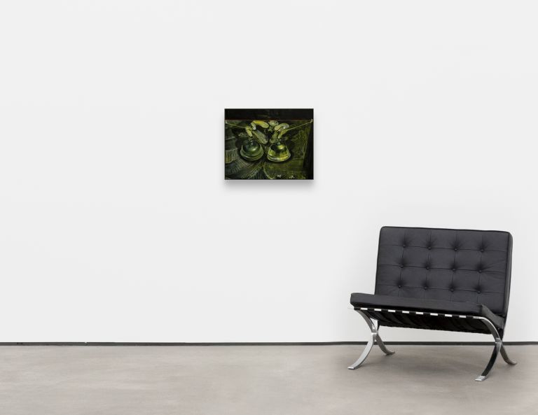 Still life painting showing glass vessels or decanters with green and yellow tones, displayed against a dark background.