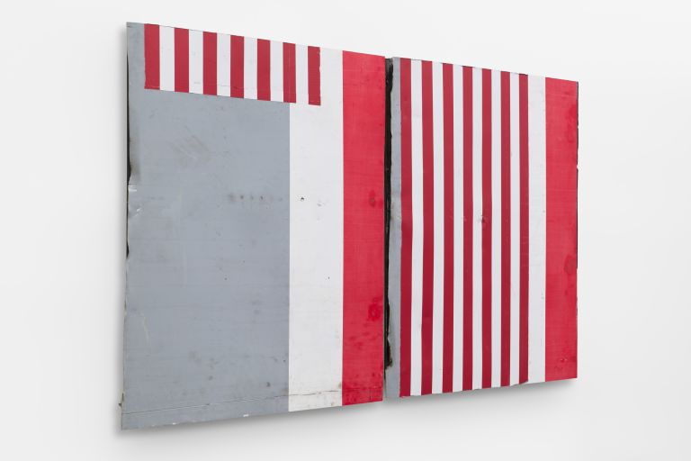 Abstract artwork consisting of two panels with red and white stripes and solid color blocks in red, white, and gray
