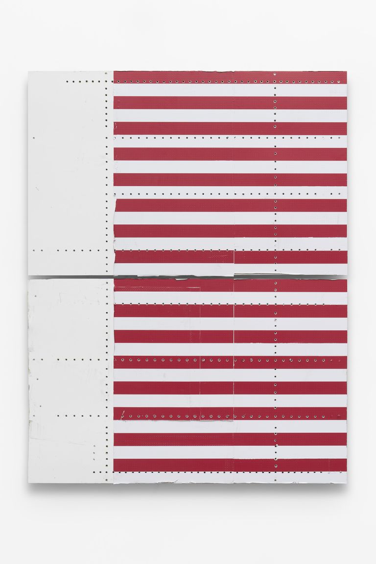 Abstract artwork with red and white horizontal stripes covering most of the surface, with white space on left side and visible perforation dots