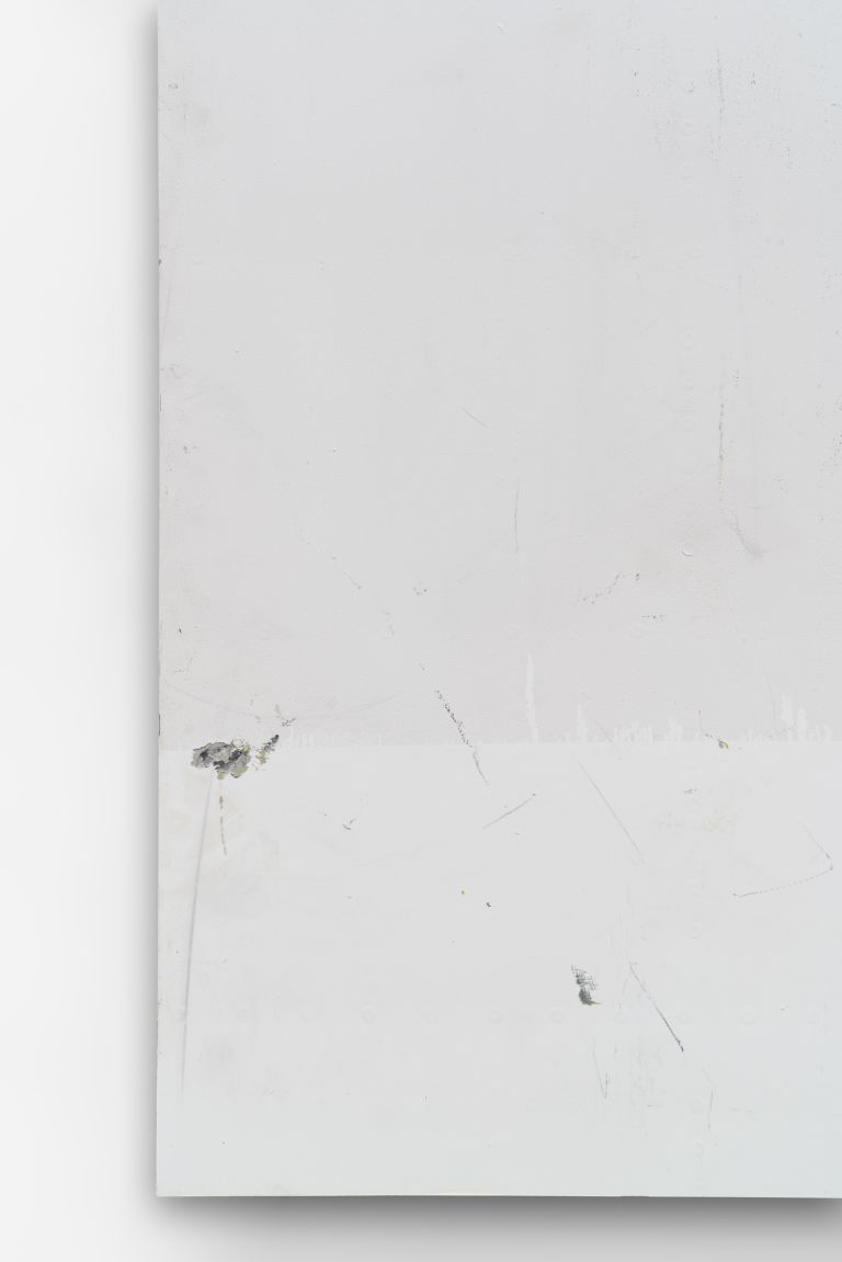 Minimalist artwork with red and white stripes on a white background. The composition includes a partial circular red element and appears to be on a white canvas