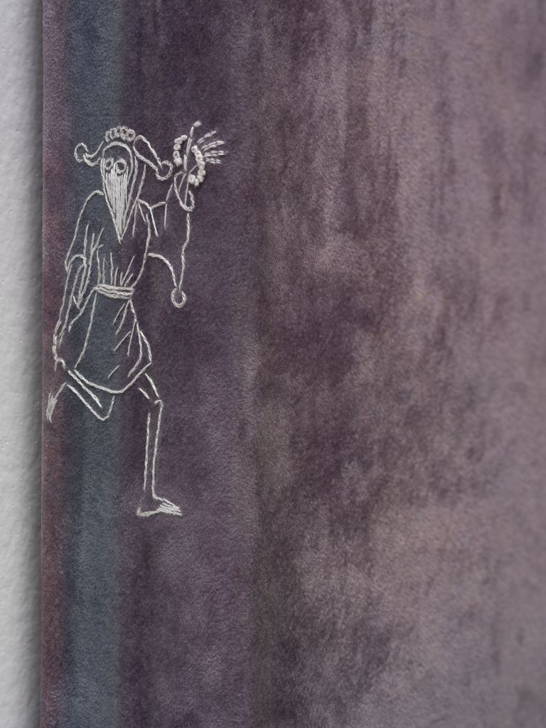 Detail of purple painting with white line drawing depicting robed figure in dynamic pose, possibly dancing or celebrating.