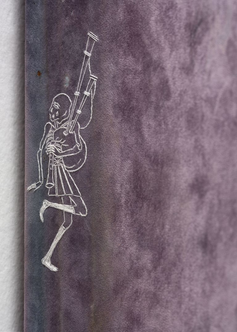 Close-up of purple artwork showing white linear illustration of figure carrying or holding a large vertical object, possibly a staff.