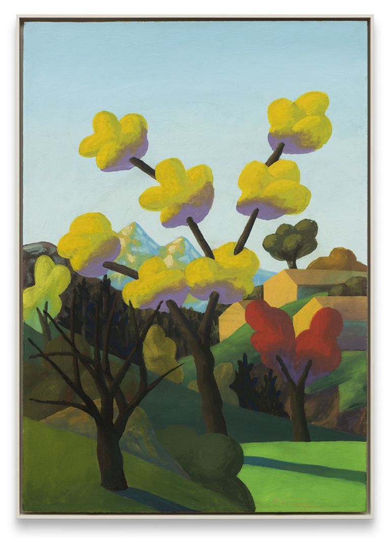 Whimsical landscape painting with yellow autumn trees, mountains, small geometric houses, and rolling green hills under a pale blue sky