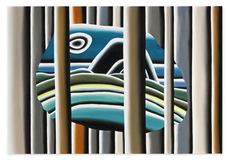 Abstract painting of a blue and green striped fish or marine creature viewed through vertical brown and gray bars, creating a cage-like effect