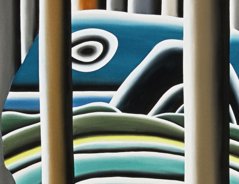 Abstract painting of a blue and green striped fish or marine creature viewed through vertical brown and gray bars, creating a cage-like effect