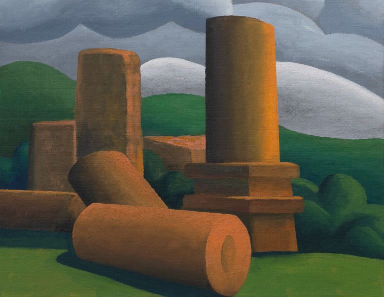Painting of ancient ruins with cylindrical columns and scattered stone blocks under dramatic gray and white clouds in green landscape