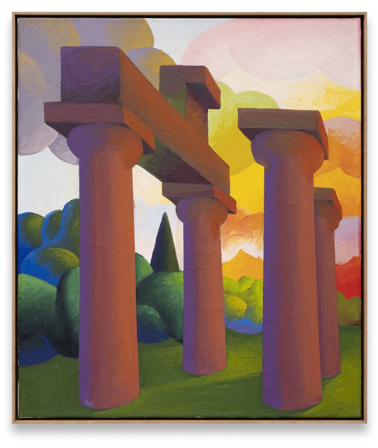 Colorful painting of classical columns with ornate capitals set among green foliage against a vibrant yellow and purple sky