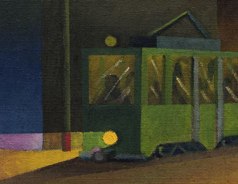 Nighttime urban scene painting with green trolley, classical building with dome, street lamps, and deep blue sky in folk art style