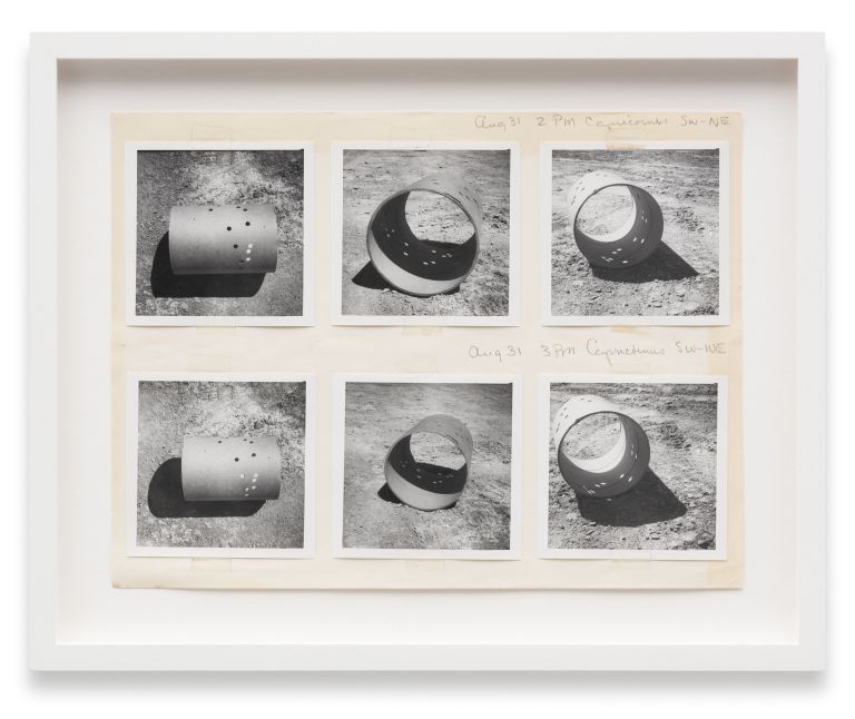 Six vintage black and white photographs in a grid format showing cylinders in outdoor desert settings.