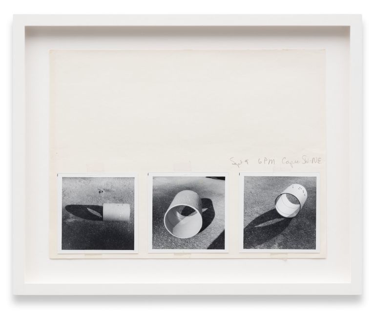 Three black and white photographs mounted together showing cylinders photographed in natural outdoor lighting conditions.