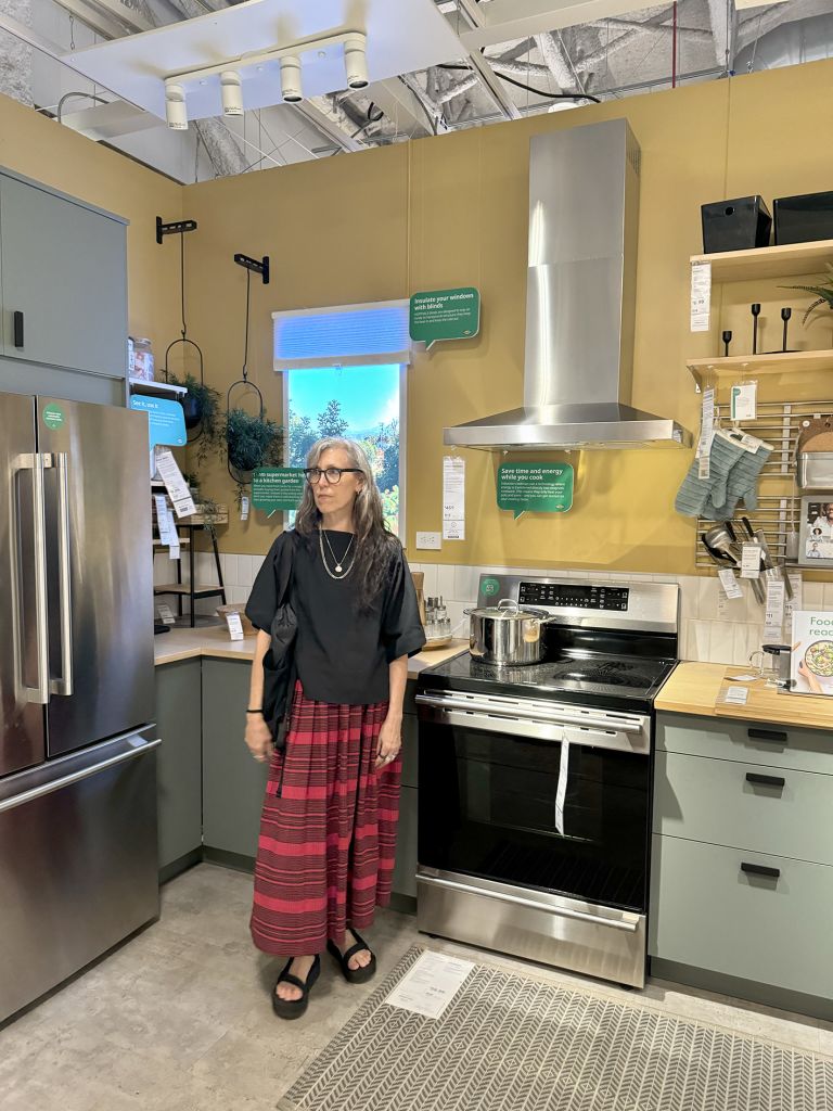 Close-up of framed exhibition panel featuring text about "The Public Performance of the Self" with accompanying photographs of retail spaces.