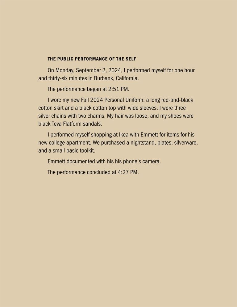 Close-up of framed exhibition panel featuring text about "The Public Performance of the Self" with accompanying photographs of retail spaces.