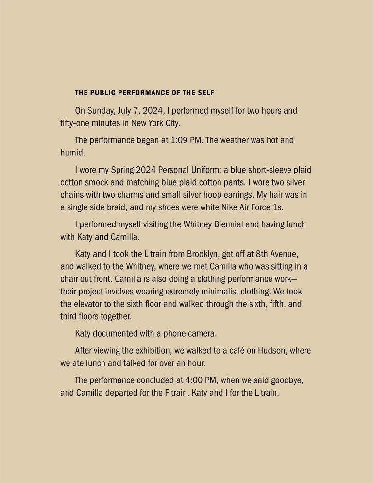 Black-framed display showing text and multiple photographs documenting performance art in various indoor gallery and museum settings.