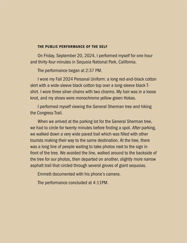 Exhibition panel with descriptive text and photographs showing performance documentation in outdoor forest settings with large trees.