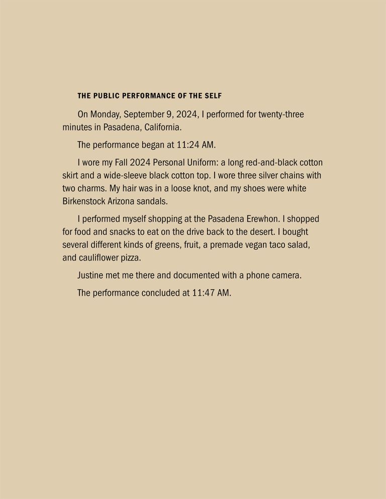 Large horizontal frame containing text panel and photographs showing grocery store performances with produce sections and shopping aisles.