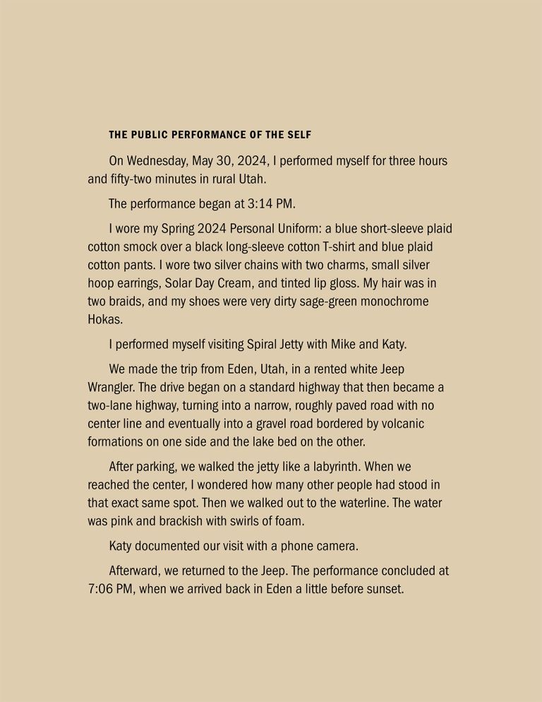 Large frame with text and two photographs showing performance in desert salt flat landscape with expansive sky and distant mountains.