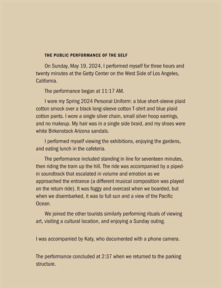 Exhibition panel featuring photographs of institutional building exterior and group of people, with accompanying descriptive text about performance.