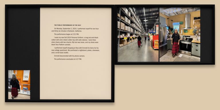 Close-up of framed exhibition panel featuring text about "The Public Performance of the Self" with accompanying photographs of retail spaces.