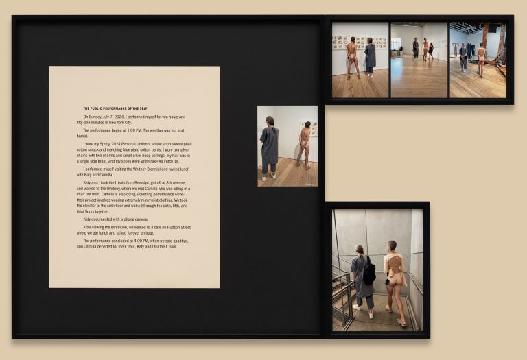 Black-framed display showing text and multiple photographs documenting performance art in various indoor gallery and museum settings.