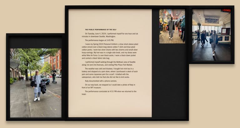 Framed artwork displaying text and photographs documenting street performance, including urban sidewalk and indoor institutional spaces.