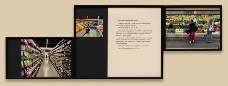 Large horizontal frame containing text panel and photographs showing grocery store performances with produce sections and shopping aisles.