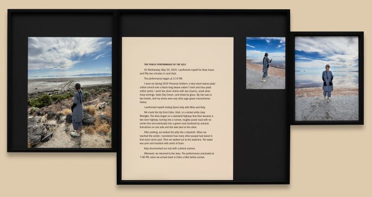 Large frame with text and two photographs showing performance in desert salt flat landscape with expansive sky and distant mountains.