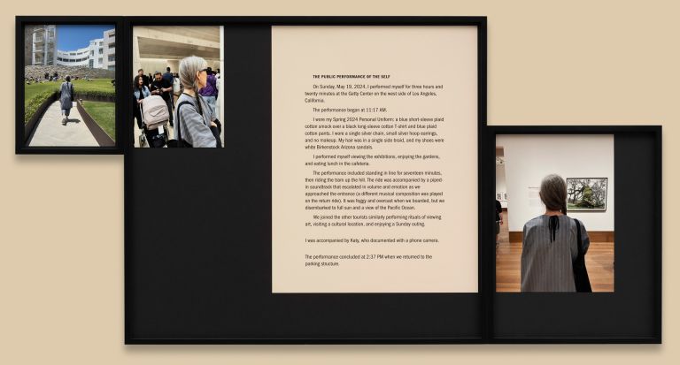 Exhibition panel featuring photographs of institutional building exterior and group of people, with accompanying descriptive text about performance.