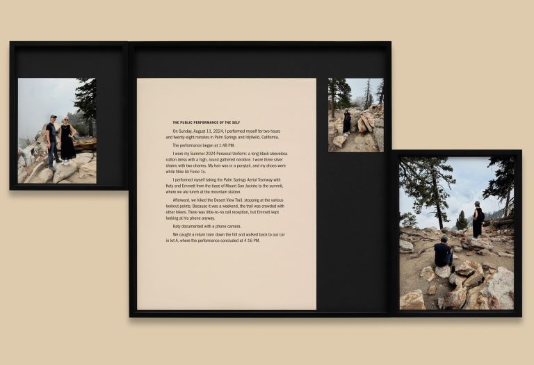 Framed artwork displaying text and photographs of performance art conducted in rocky, mountainous outdoor terrain with multiple participants.