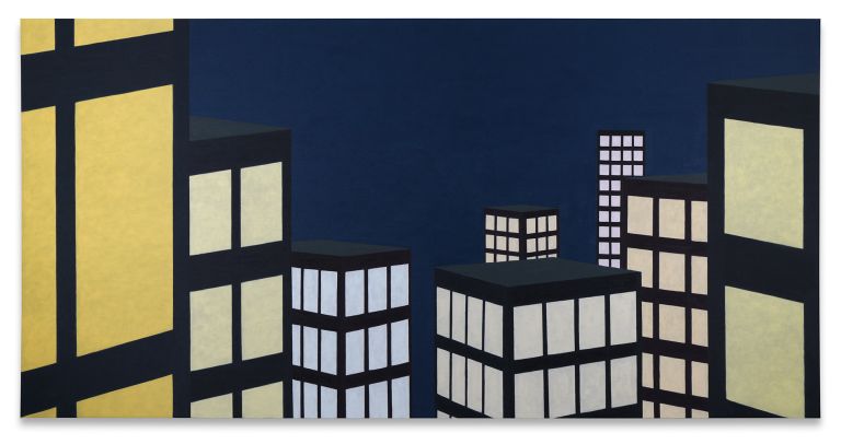 Abstract painting of geometric buildings at night with illuminated windows in yellow, blue and white against a dark blue sky.