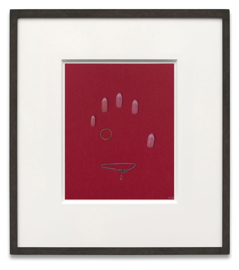Framed artwork on red background showing abstract oval shapes and a curved line resembling a simple face or expression.