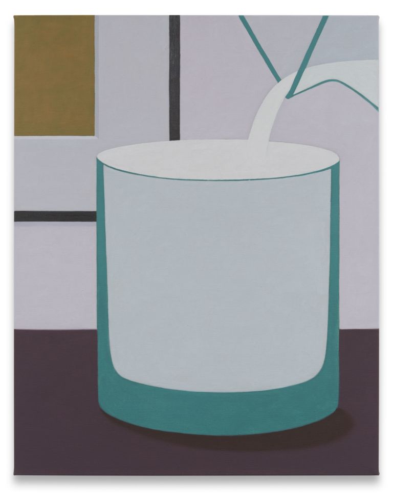 Painting of a glass full of milk, against geometric background with intersecting lines and color blocks in gray, green and brown.