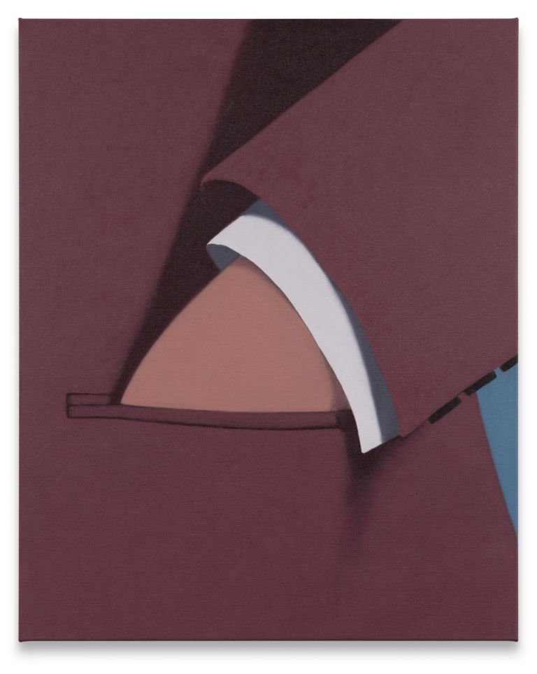 Abstract geometric painting showing a hand in a jacket pocket with angular shapes in burgundy, coral, and white tones.
