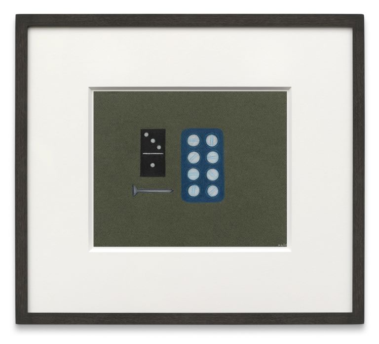 Small framed work showing black domino and blue pill blister pack against olive green background.