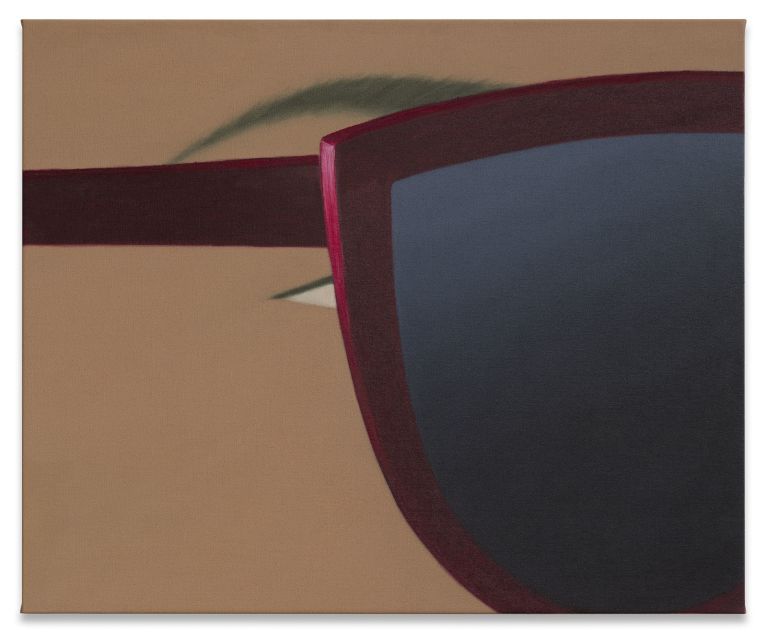 Abstract geometric painting showing an eye behind sunglasses with curved forms in brown, burgundy, blue and beige tones.