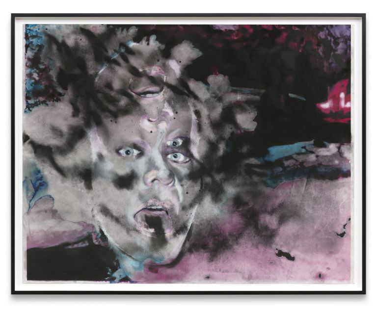 Colorful abstract portrait showing a face emerging from pink, blue, and gray watercolor splatters and washes, framed in black.