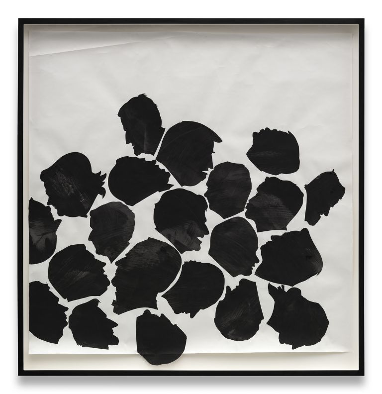 Black and white artwork showing clustered silhouetted heads and shoulders of multiple overlapping figures against light background.