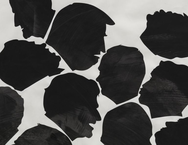 Black and white artwork showing clustered silhouetted heads and shoulders of multiple overlapping figures against light background.