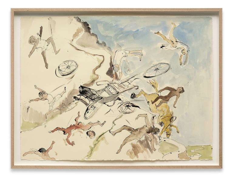 Watercolor painting depicting multiple figures in motion with bicycles, acrobats, and dynamic poses scattered across pale landscape.