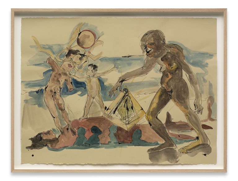 Watercolor illustration of stylized figures on beach including nude forms, tent structure, and blue water landscape elements.