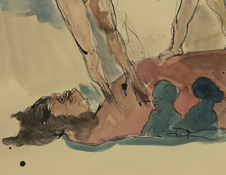 Watercolor illustration of stylized figures on beach including nude forms, tent structure, and blue water landscape elements.