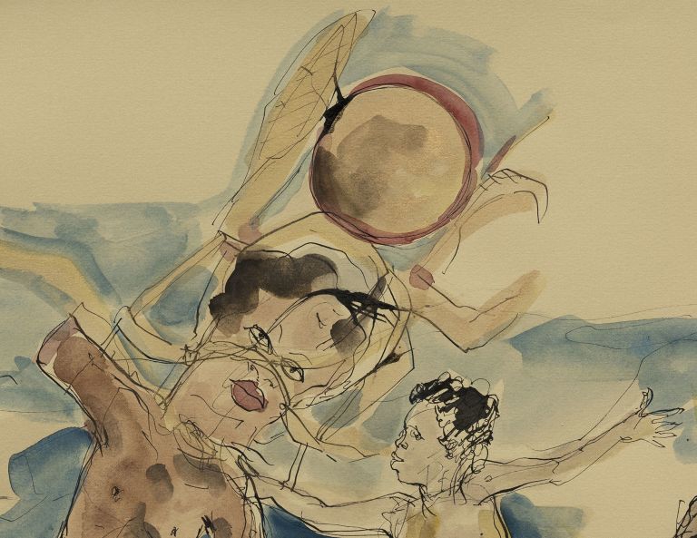 Watercolor illustration of stylized figures on beach including nude forms, tent structure, and blue water landscape elements.