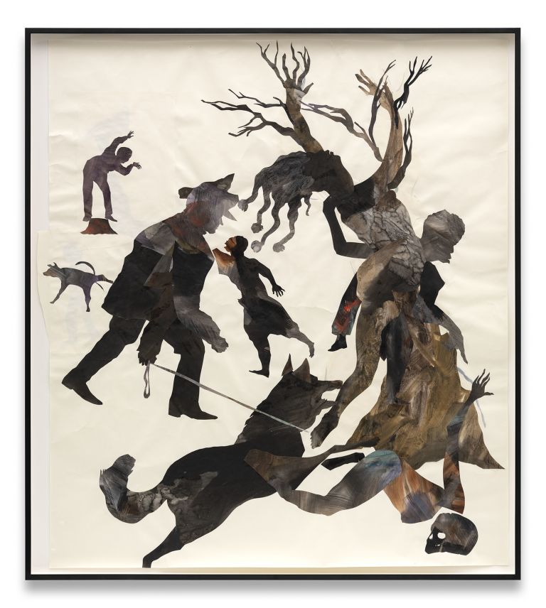 Mixed-media artwork showing multiple dynamic human figures and a dark tree form against cream background with expressive paint effects.