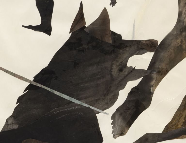 Mixed-media artwork showing multiple dynamic human figures and a dark tree form against cream background with expressive paint effects.