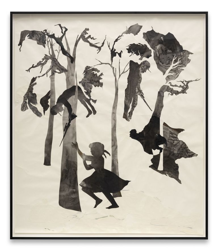 Black silhouettes of figures climbing and interacting with stylized trees and foliage forms against cream paper background.