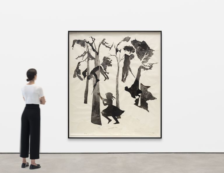 Black silhouettes of figures climbing and interacting with stylized trees and foliage forms against cream paper background.