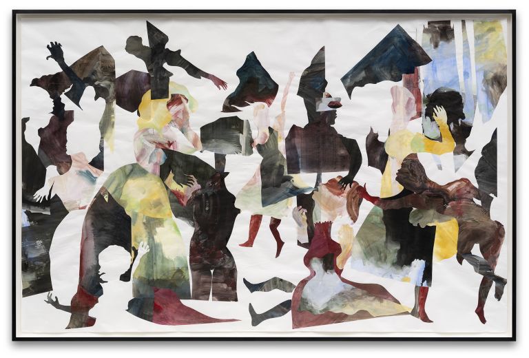 Abstract composition of overlapping silhouetted figures in dynamic poses with translucent watercolor overlays in earth tones and jewel colors against white background.