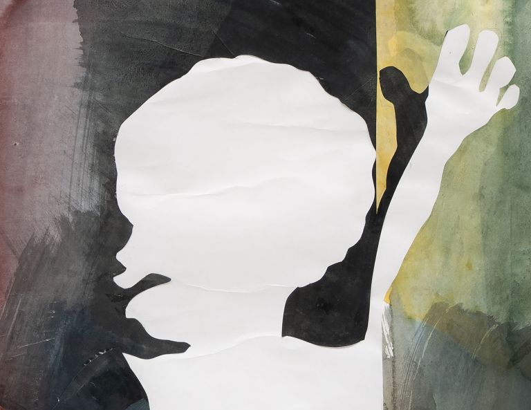 Abstract composition of overlapping silhouetted figures in dynamic poses with translucent watercolor overlays in earth tones and jewel colors against white background.
