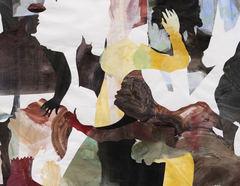 Abstract composition of overlapping silhouetted figures in dynamic poses with translucent watercolor overlays in earth tones and jewel colors against white background.
